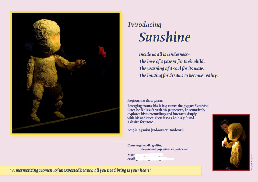 Puppet promotion flyer, theatre lighting, creativity and travel