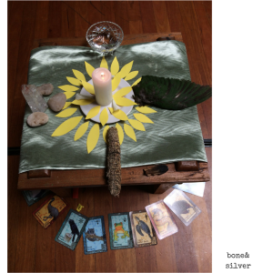 A simple altar, including the Tarot cards which we each pulled, and the 4 elements of #earth #air #fire #water #altar #tarot #Australia #ecovillage #over50 @boneAndsilver